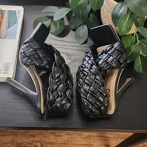 EGO Square Toe Puffy Braided Criss Cross Heels UK 6 US 8 Quilted Vegan Slingback - Picture 9 of 15